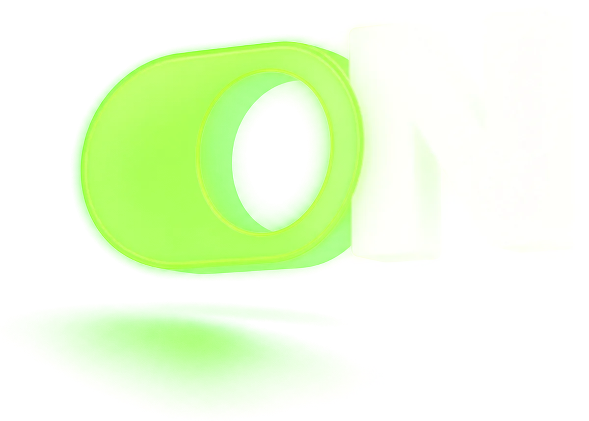 Marca FullON em 3D: o O aceso em verde neon, no formato do interruptor, ao lado do N branco